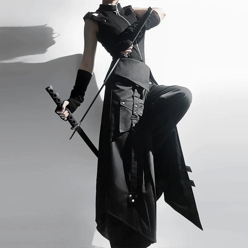 Gothic Vintage Lolita Zipper Vest+Apron+Waist Belt+Pant Sets Women Techwear Style Punk Pantskirt Cosplay Costume