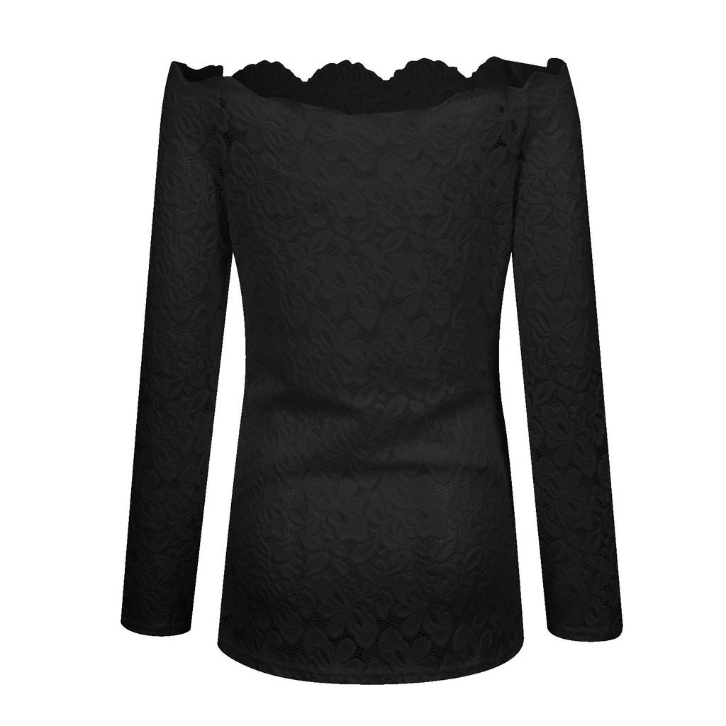 Women's Fashion Strapless Lace One Neck Long Sleeve Hollow Lace Blouse Top