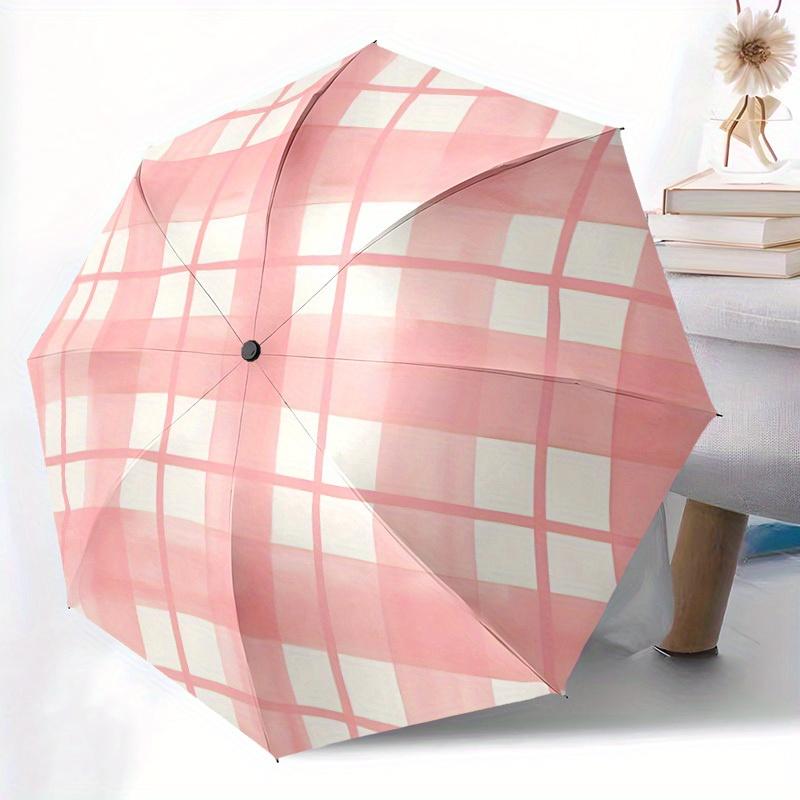 1pc Gingham Fabric Automatic Umbrella - Auto Open/Close Folding Umbrella with Reinforced 8-Rib Frame, Portable 3-Fold Compact Umbrella, Christmas