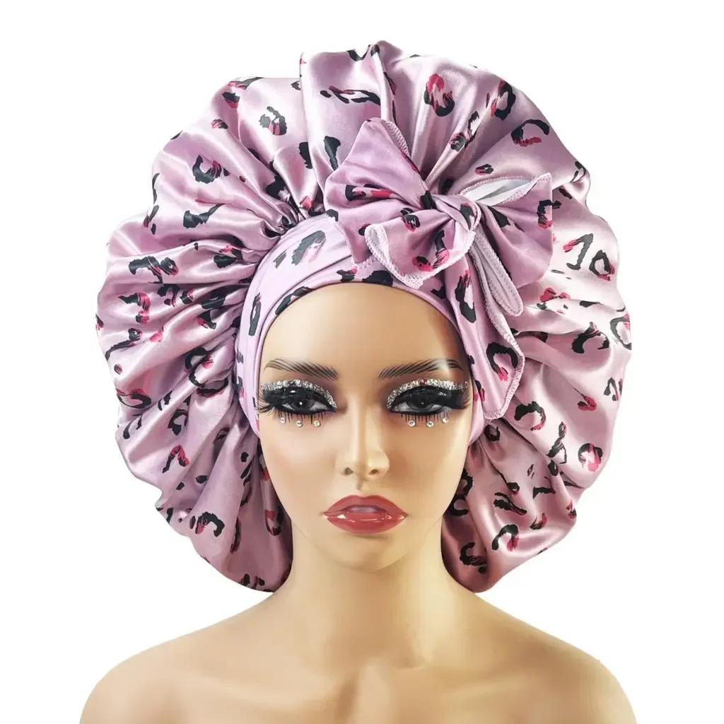 New Large Satin Bonnet Silk Night Sleeping Cap with Head Tie Band Bonnet Edge Wrap for Women Curly Braid Hair