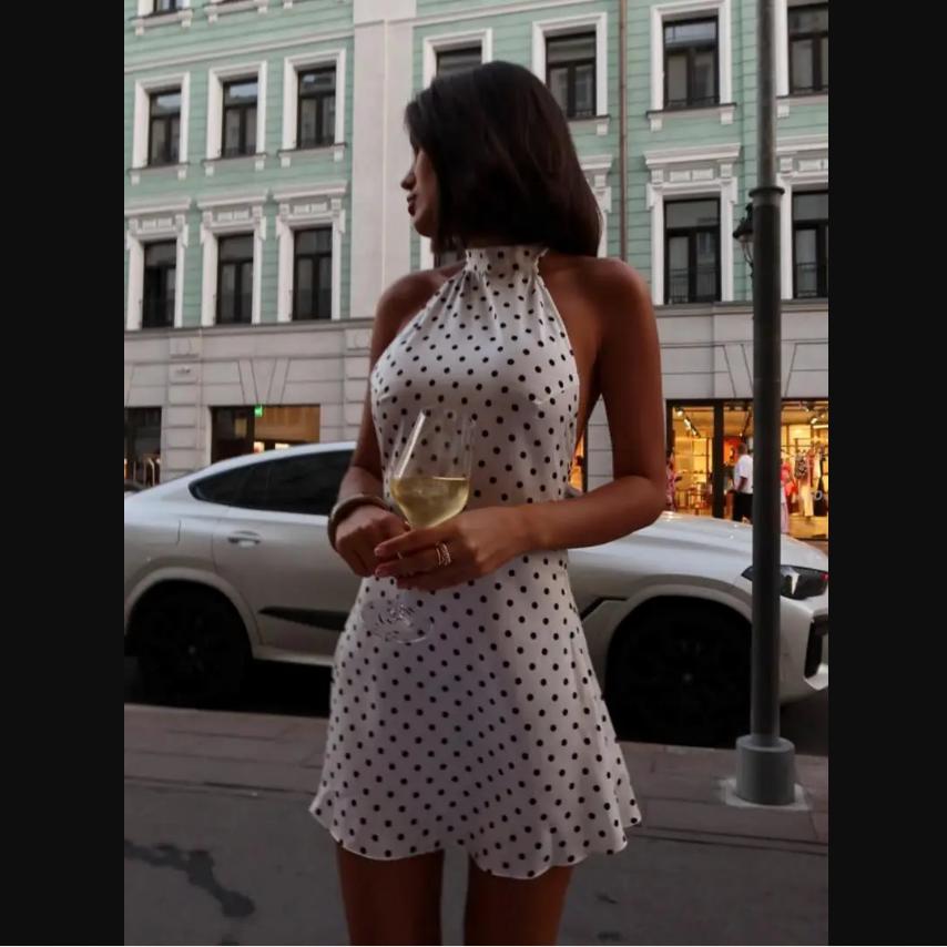 Polka Dot Printed Mini Halter Dress Backless Sleeveless A Line Short Robes Casual Party Vestidos 2026 New Slim Fit Lady Dresses