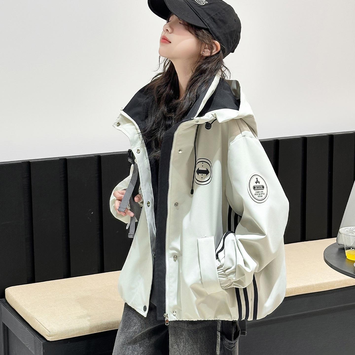 

Демисезонная куртка-ветровка с капюшоном для девочек, осень 2025: Повседневная спортивная одежда в корейском стиле для подростков с круглым логотипом 160 cm абрикосовый