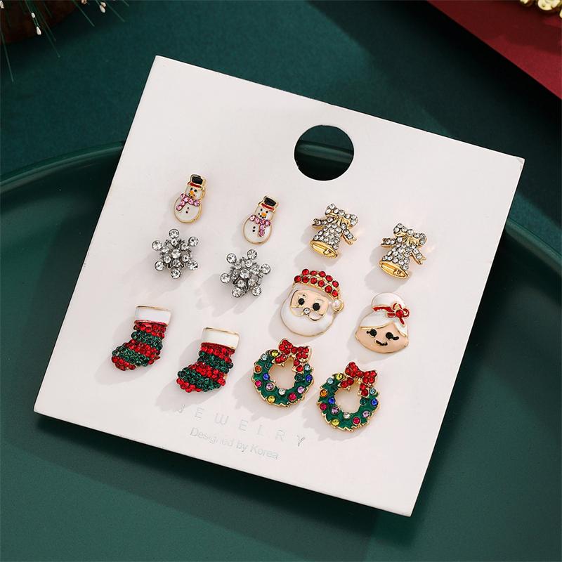 Christmas Tree Snowman Earrings Set for Women Cute Candy Cane Santa Elk Stud Earrings Friendship New Year Jewelry Gifts