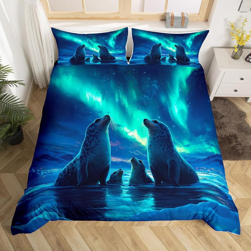 Aurora Duvet Cover Queen Size Polar Bear Arctic Animal Quilt Cover Fantasy Galaxy Sky Bedding Kids Bedroom Decor 3 Piece Set