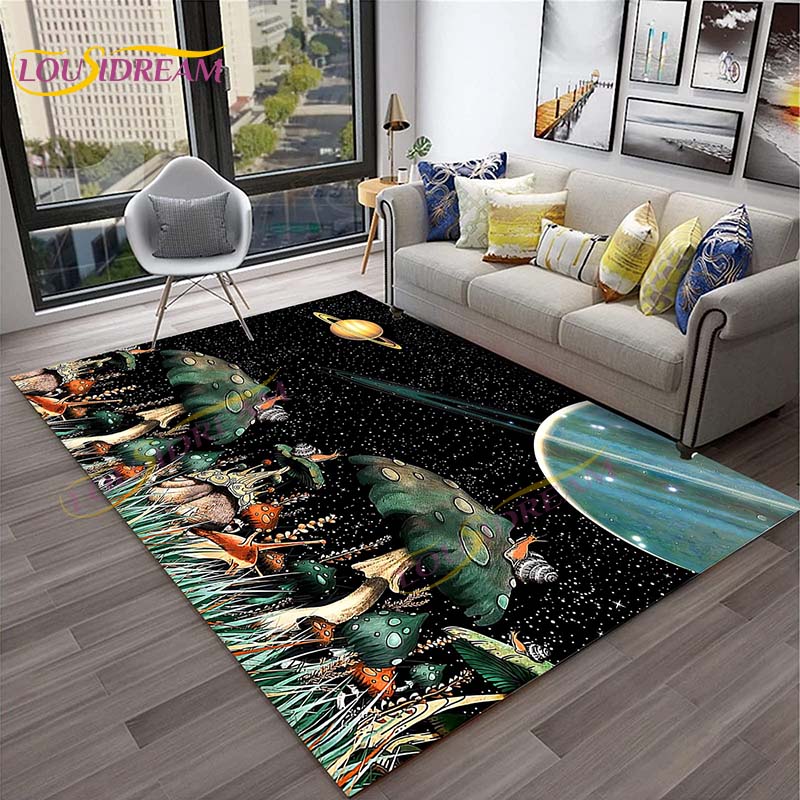 3D Starry Botanical Sun Moonlit Mushroom Rug Floral Hippie Moon Phase Carpet for Aesthetic Bedroom Living Room Vintage Game Mat
