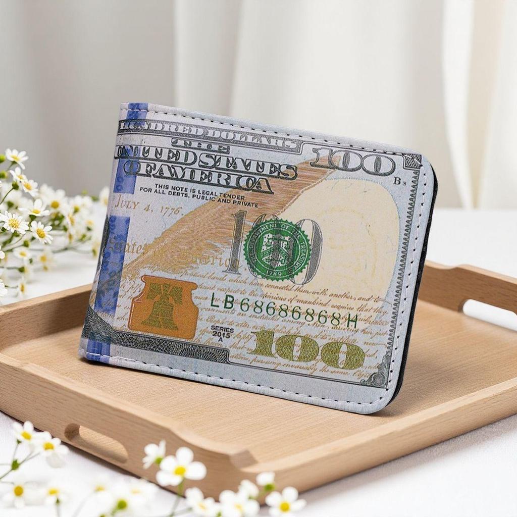 Men's Short Bi-Fold Wallet with Currency Pattern – High-Quality Money Clip & Multi-Card Holder