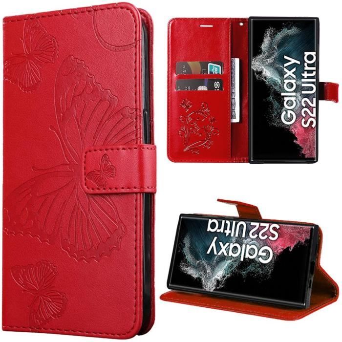 Coque - BOOLING - pour Samsung Galaxy S22 Ultra - Cuir Synthétique Rouge - Motif Papillons - Semi-rigide