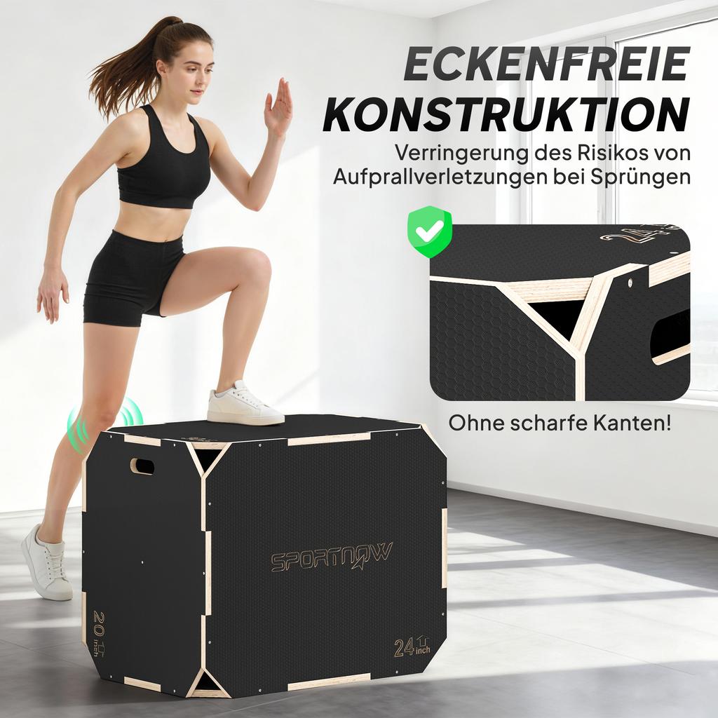 3-in-1 Plyo Box, Jump Box with Handle Openings, for Home Fitness and Outdoor Workouts, 3 Jump Heights, Wood, Black