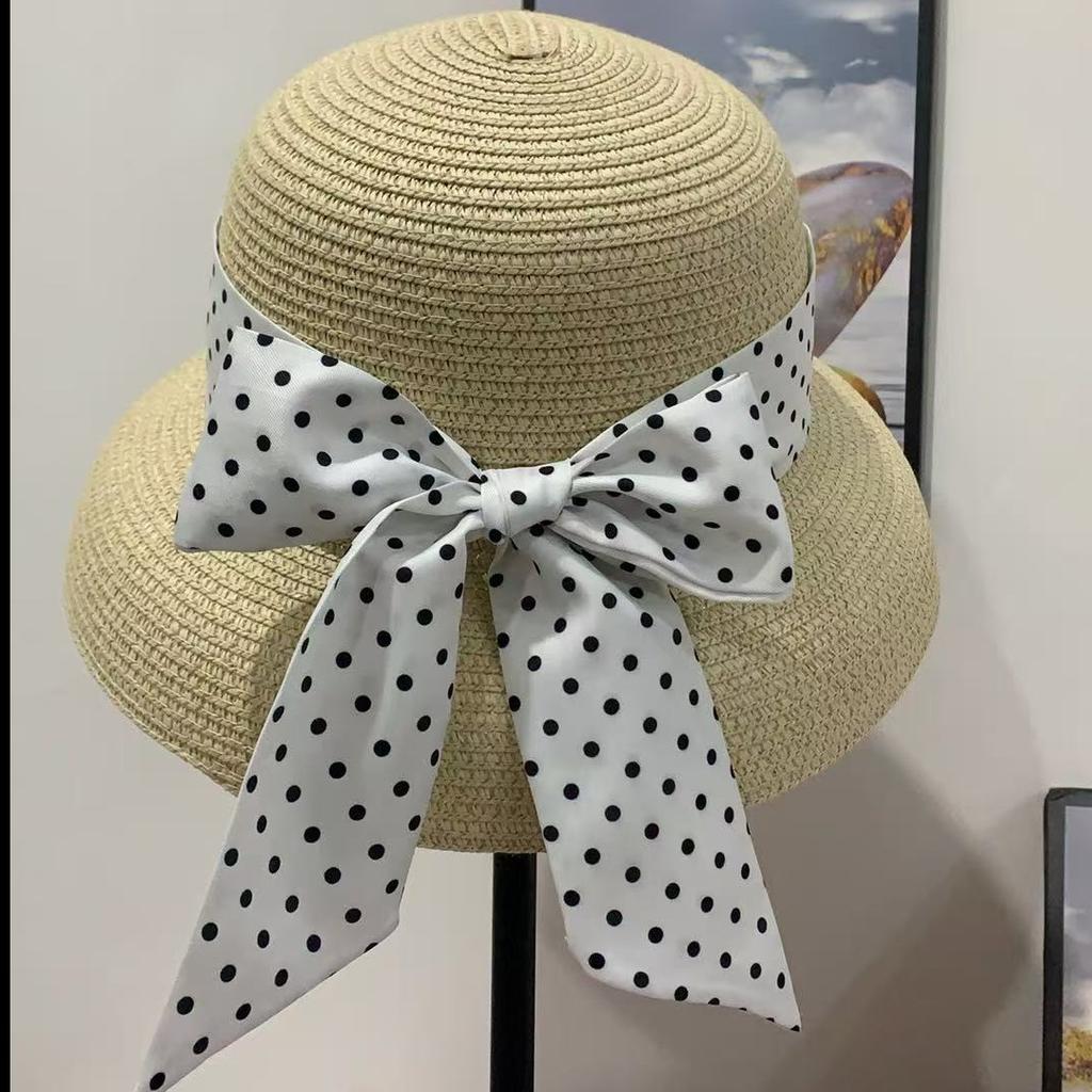 French Polka Dot Face Small Sunshade Straw Hat Women's Spring and Summer Fashion Versatile Sunscreen Bucket Hat Seaside Vacation Self-operated