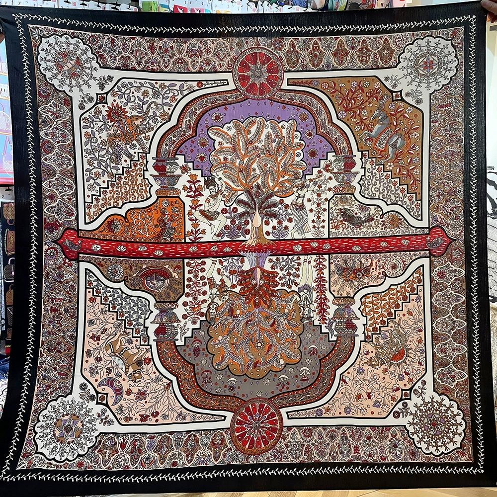 

Новый осенний ретро 130 см женский шарф из искусственного шелка и шерсти, утолщенный шарф для кондиционера, роскошный цветочный теплый шарф-обертывание для шеи, большой квадратный шарф 130x130cm