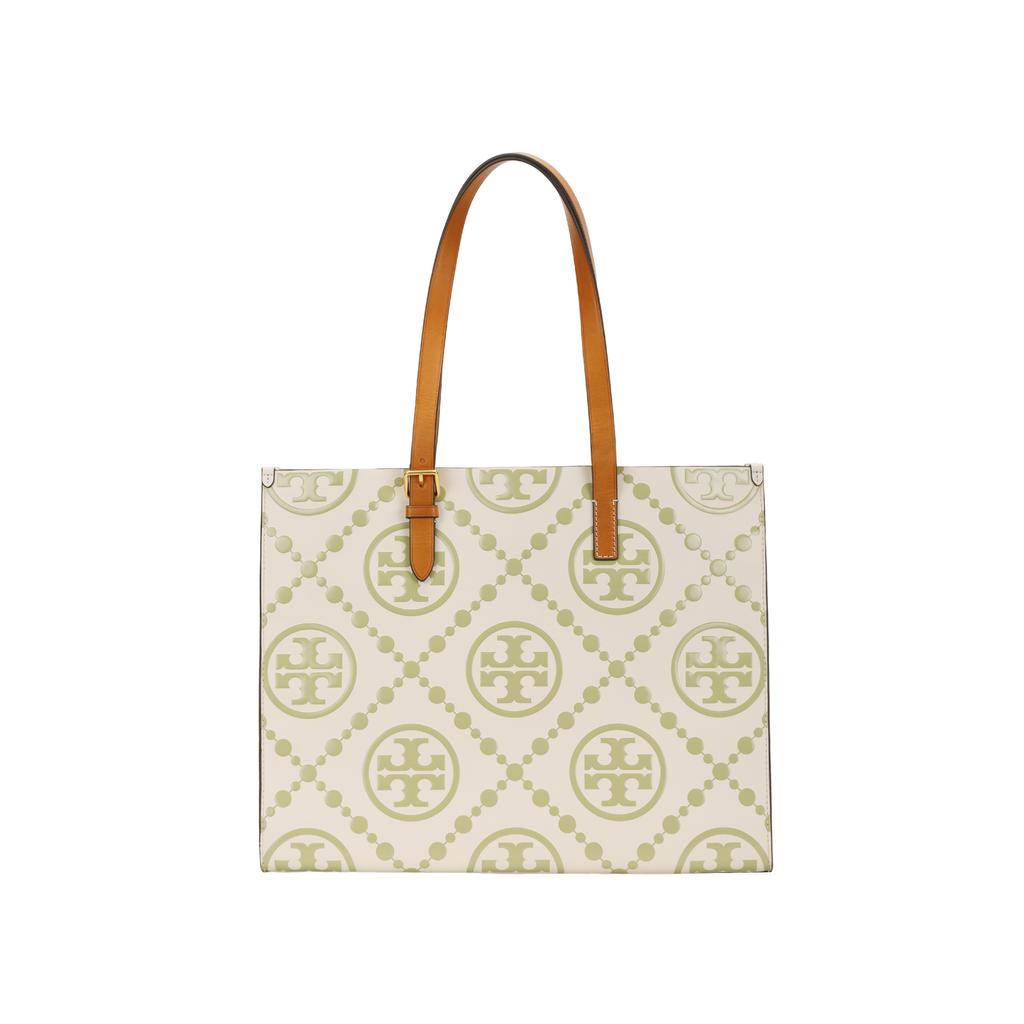 Tory Burch T Monogram Adjustable Shoulder Strap Double T Large Logo Color Block Embossed Leather Tote Bag Women Tote Olive 138919-300