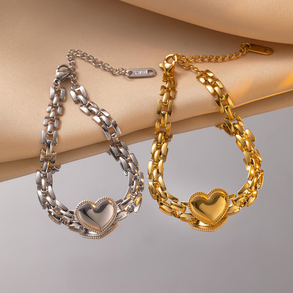 Strap‑Detail Love Titanium‑Steel Thick‑Chain Bracelet, European‑American Personalized High‑Sense Exquisite Women Bracelet