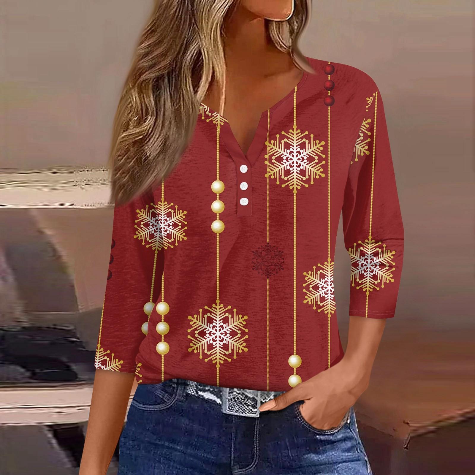 

Жен. Футболка Футболка С принтом Пуговицы Рукав 3/4 Повседневные Выходные Мода Классический Классический V-образный вырез Обычный Верх XXL винный