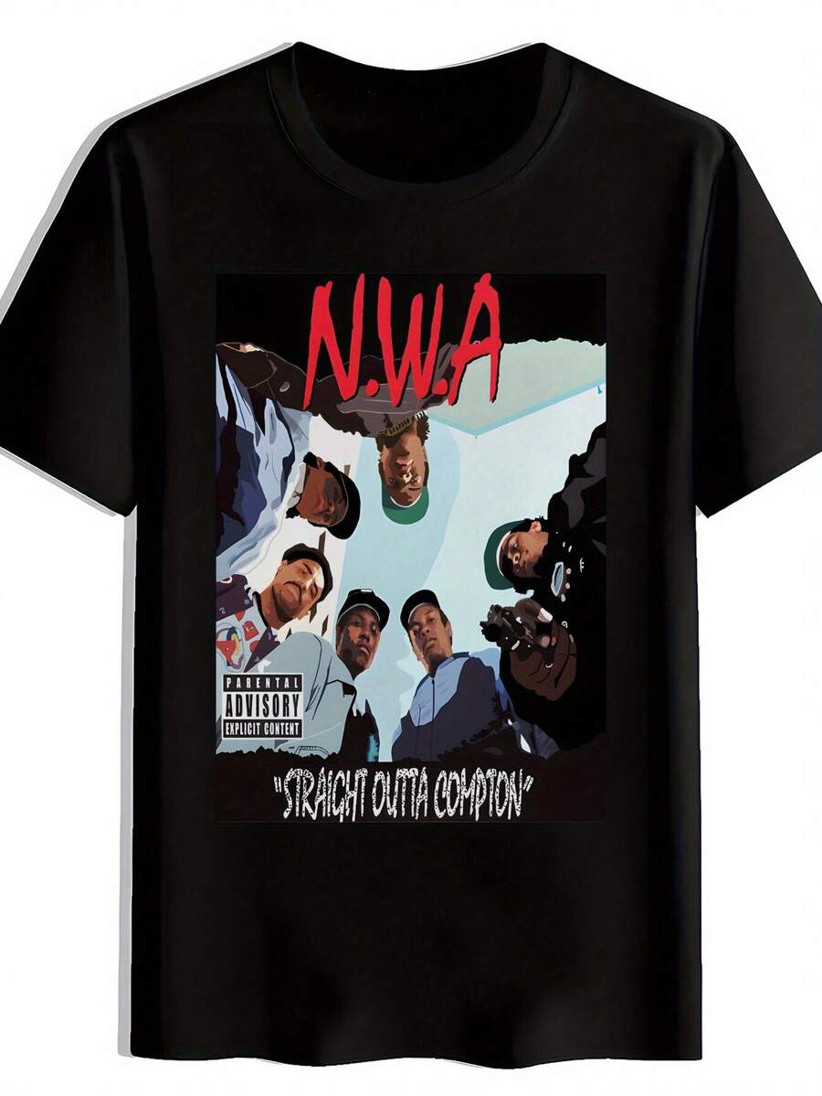 

Unisex S N.W.A Straight Outta Compton Graphic T-Shirt - Black Casual Crew Neck Tee With Cartoon-Style Illustration S