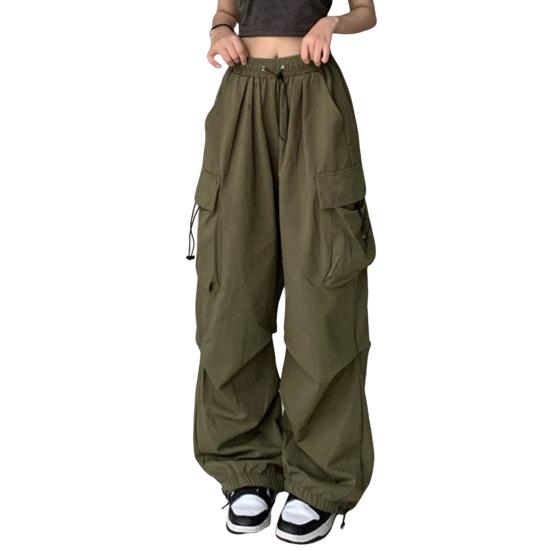 Women Cargo Pants Hip Hop Baggy Solid Color Multi Pockets Elastic Waist Match Top Loose Breathable Lady Trousers