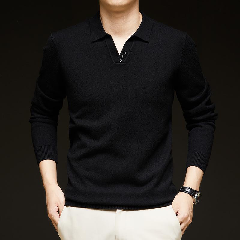 

Мужская футболка с лацканами в горошек, не требующая глажки, поло с длинными рукавами, деловой мужской вязаный свитер 4XL чёрный