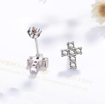 Sterling  Small Cross Stud Earrings for Women / Children   Full Clear Zircon Pendientes Fashion Jewelry Gift