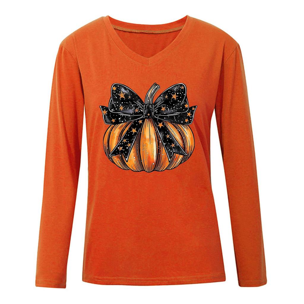 Damen Halloween V-Ausschnitt Kürbisdruck Langarm Oberteil (2025)