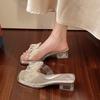 Fashion Transparent Rhinestone Slippers Summer Outside Wear Fashion Shoes for Women Crystal Middle-heeled Bowknot Ladies Slides Shoes