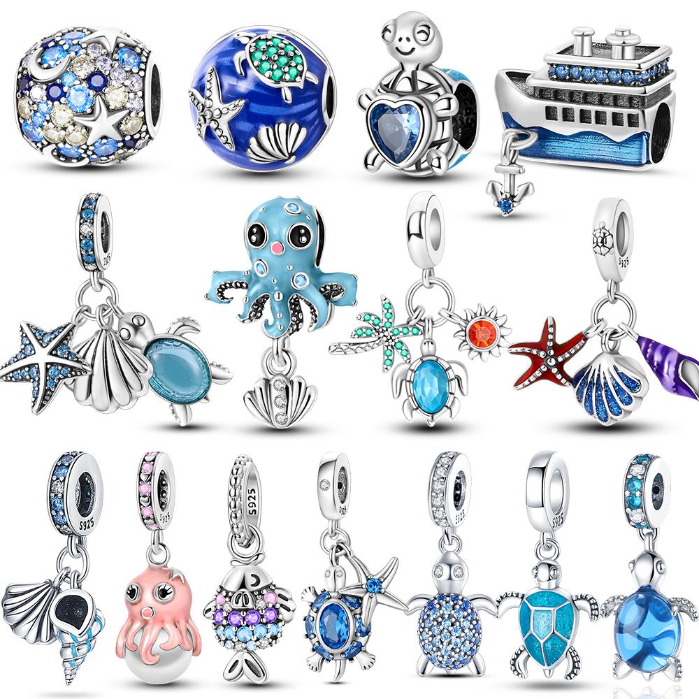 100% Real Copper Ocean Blue Sea Octopus Turtle Mermaid Charms Bead Fit Original Bracelet Plata Charms
