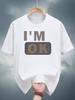 200g 100% Cotton Graphic T-shirt - Navy Blue "I'M OK" Print Casual Short Sleeve Tee