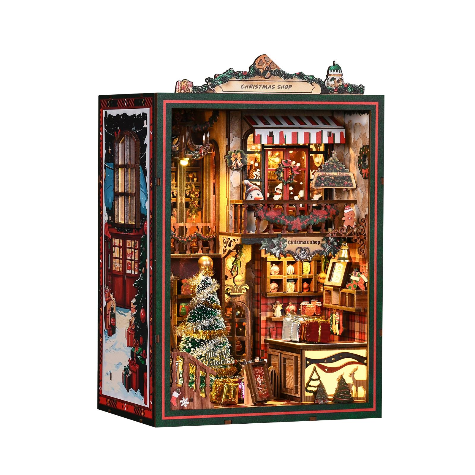 

Non-Toxic Vintage 3D Mini Christmas Shop Book Collection Room Diy Desktop Building Scene Adult 3D Puzzle Shelf Insert Decor Toys