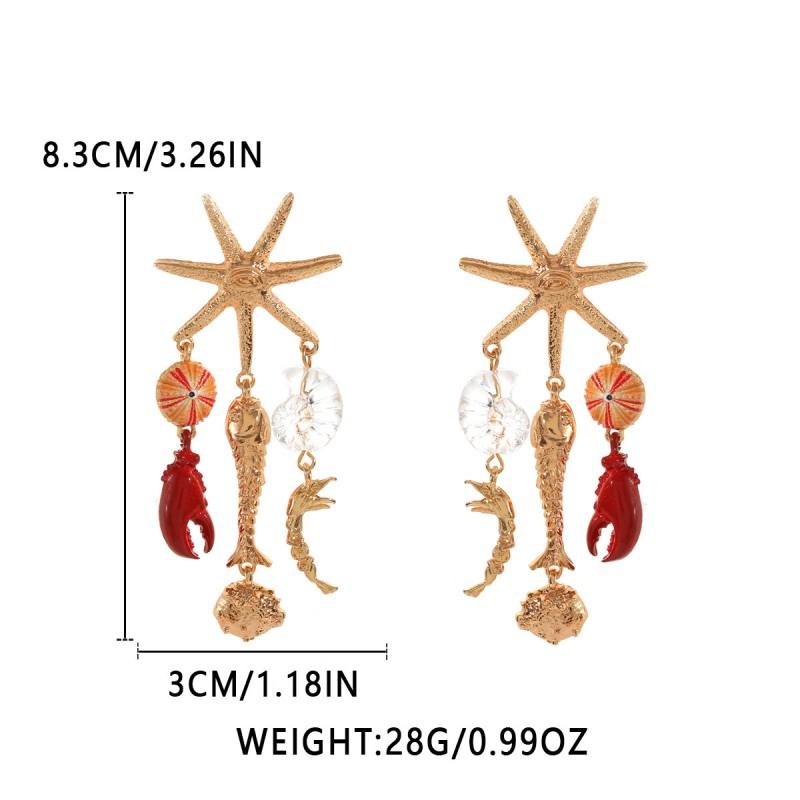 Layered Tassel Crab Starfish Shell Earrings Gold Zinc Alloy Boho Beach Style Statement Earring Women