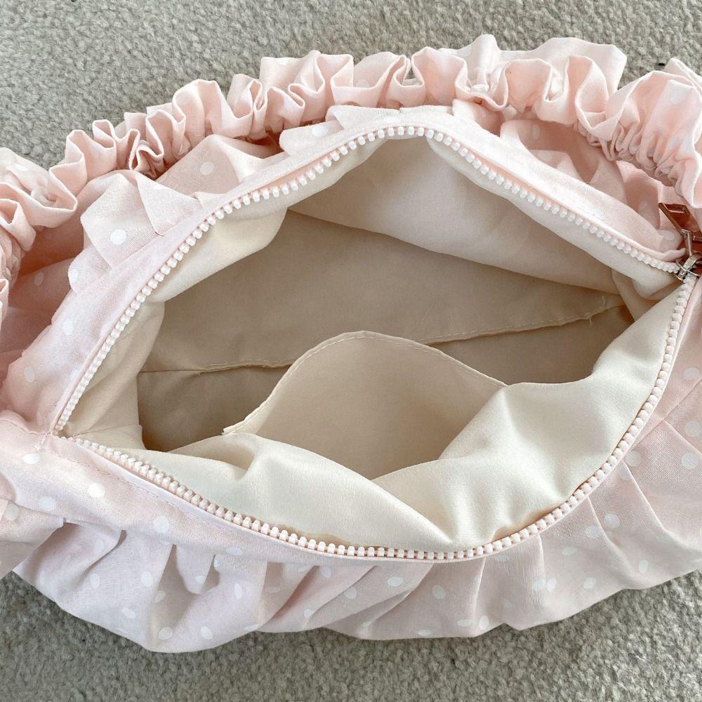 Korean Style Drawstring Shoulder Bag Lightweight Ballet Style Polka Dot Pleated Bag Dumpling Bag Large Capacity