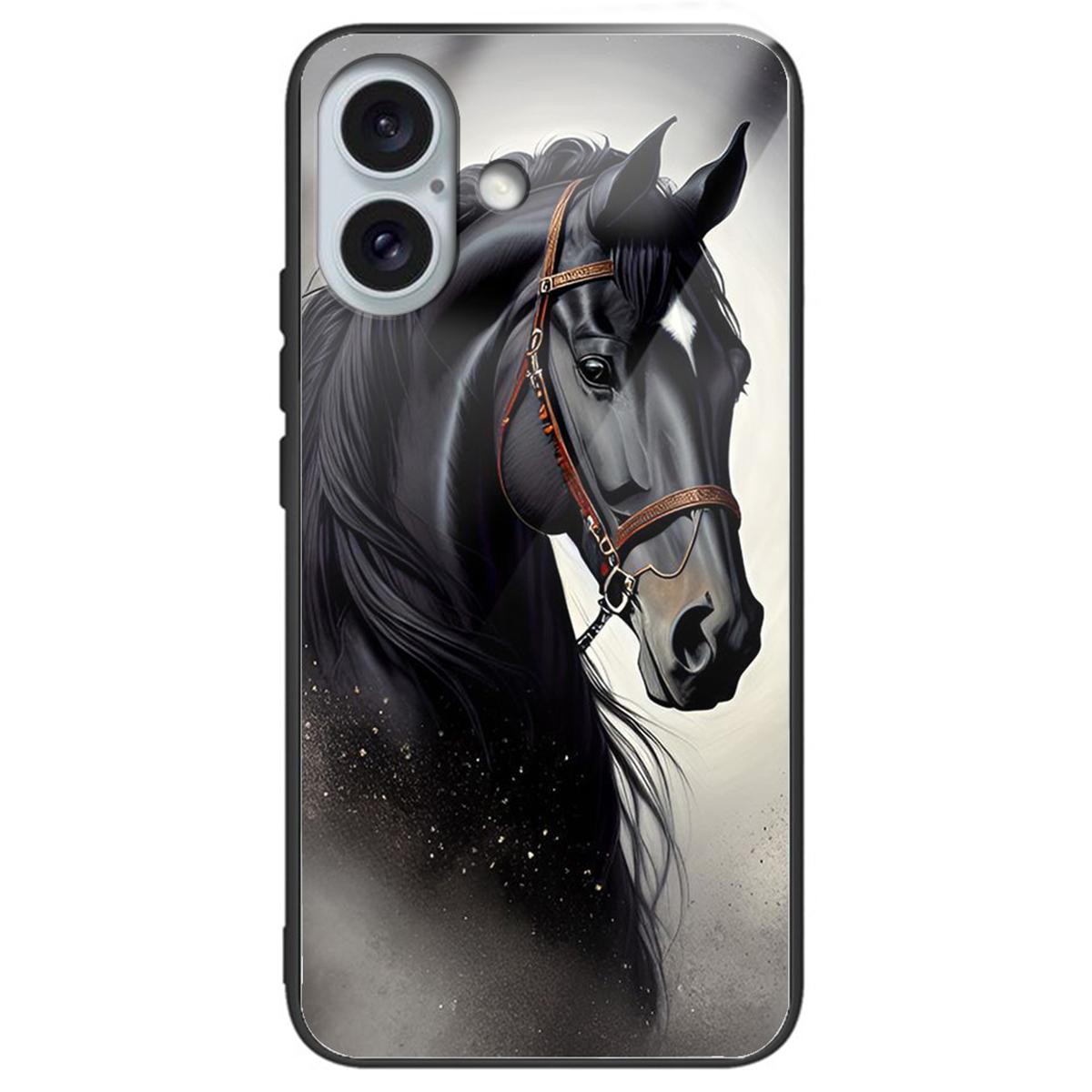 

For iPhone 16 Plus Lightweight Case Tempered Glass+TPU Phone Cover Pattern Printed Horse