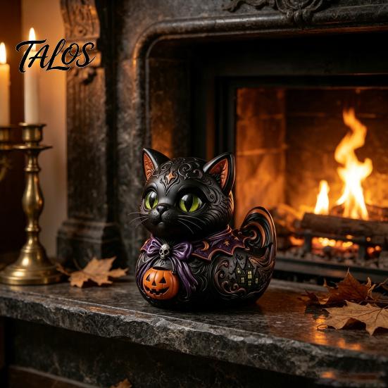 Resin Animal Ornament Midnight Witches Cat Duck Figurine, Spooky Black Statue Home Accents with Pumpkin Lantern, Halloween Decoration for Tabletop