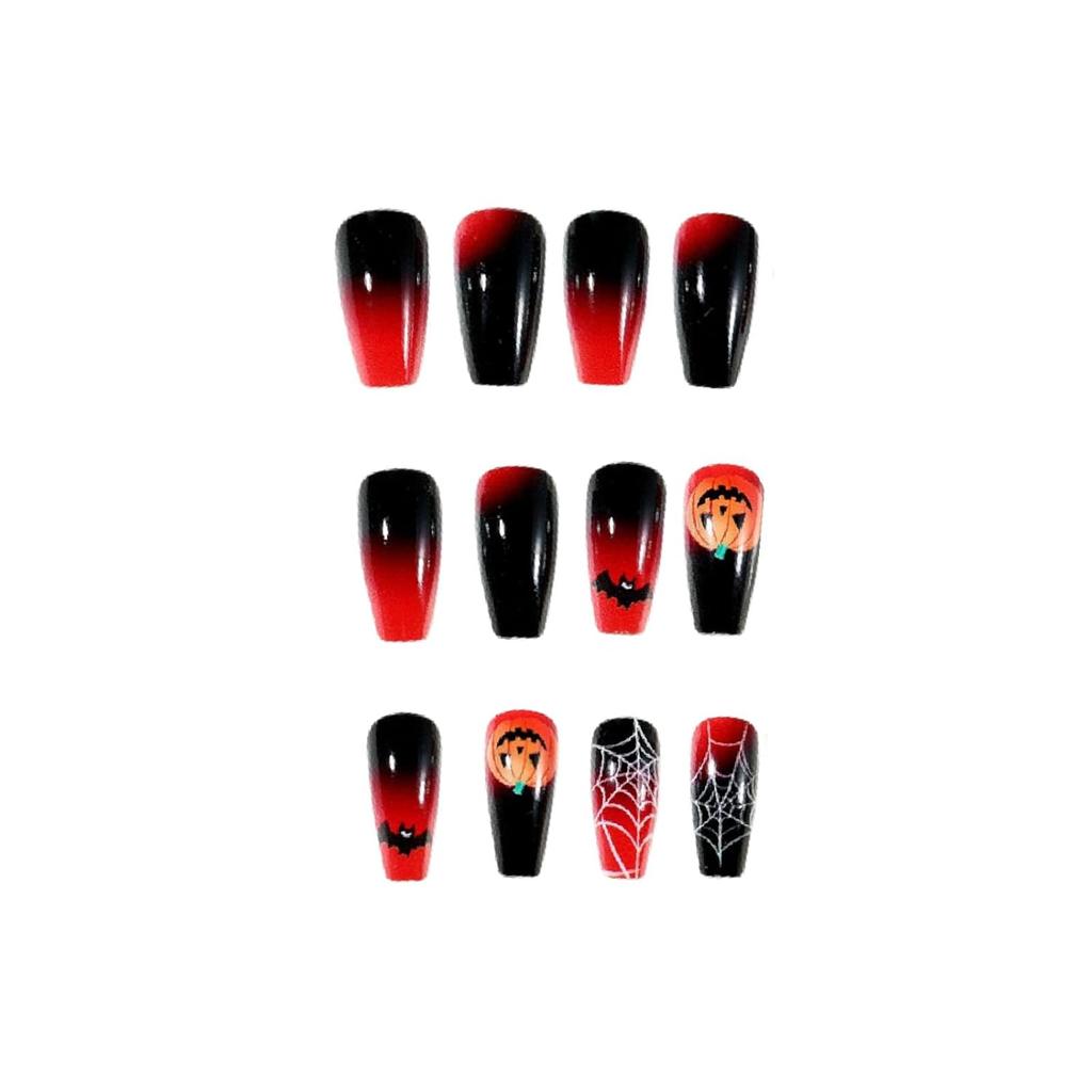 24Pcs Halloween Black Red Gradient Press On Nails Medium Square Fake Nails with Spider Web Bat Pumpkin Design False Nails Full Cover Horror Glue On