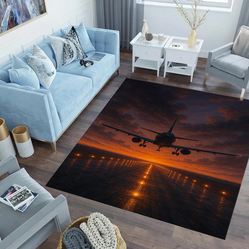 Airplane Runway 2D Print Area Rug Flannel Washable Floor Mat for Kids Bedroom Playroom Living Room Aviation Theme Home Decor