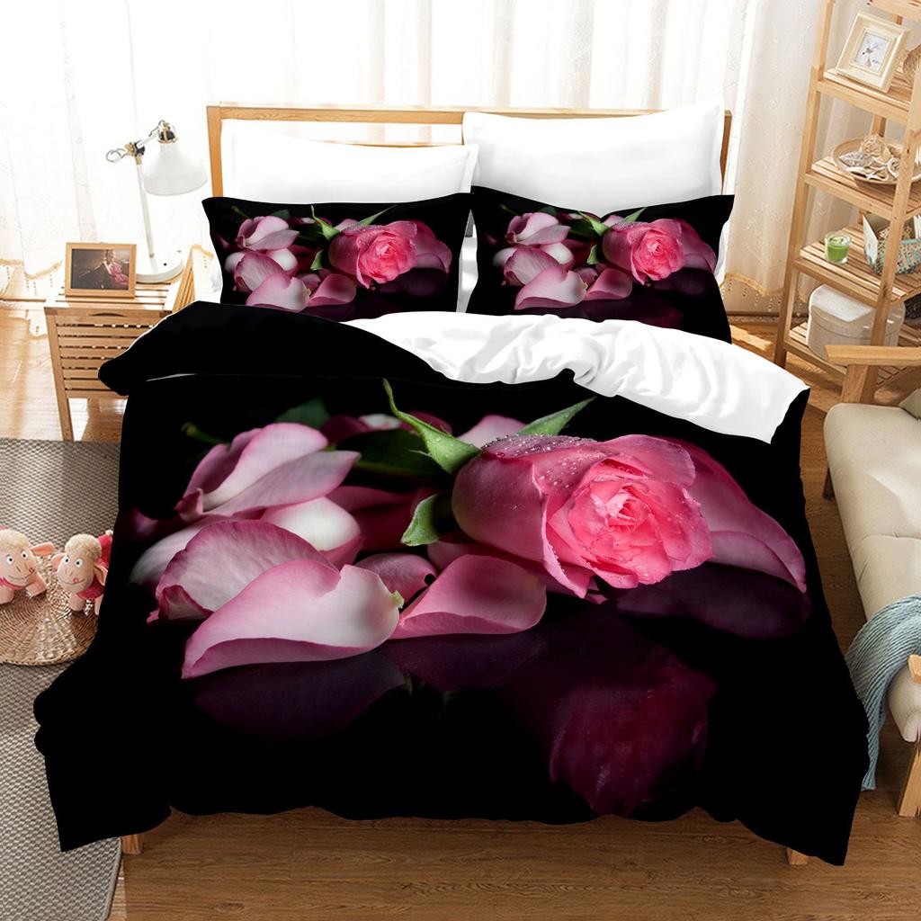 3pcs Bedding Set Red Rose Flowers Print Duvet Cover Set Single Double King Size Bed Set for Adult Home Bedroom with Pillow Case