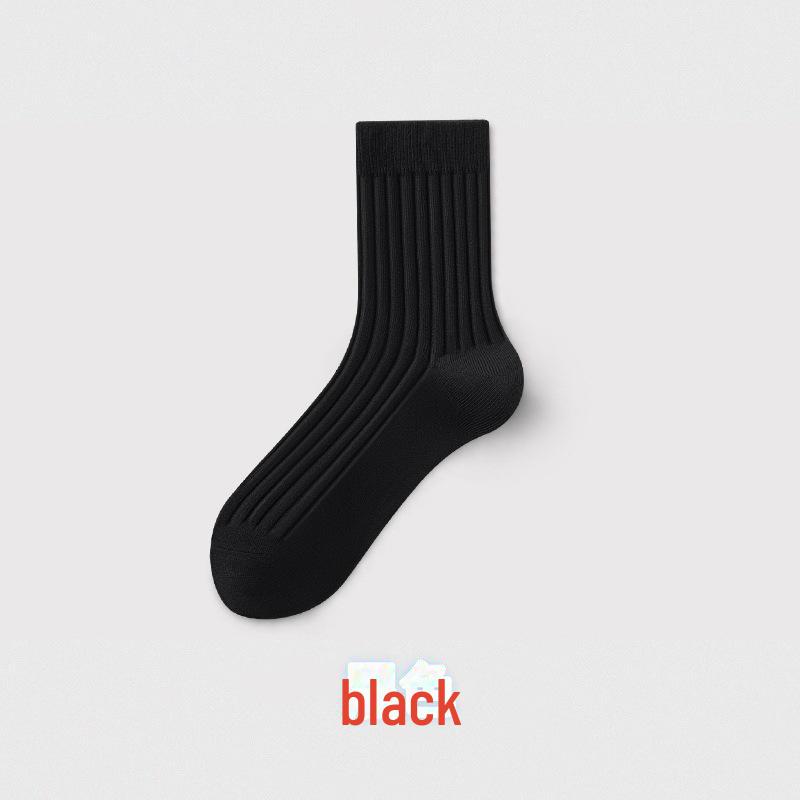 Men's Double Needle Breathable and Sweat-Absorbent Socks for Spring and Autumn - Solid Black Business and Sports Style