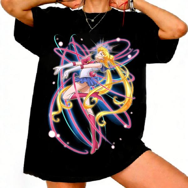 Sailor Moon Retro 90er Anime Grafik T-Shirt Sommer Baumwolle Unisex Damen Tee Streetwear Lässig Trend Kurzarm Paar Hip Hop Oberteil