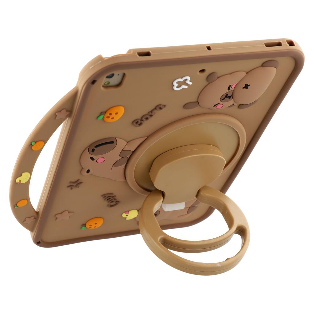 For iPad 9.7-inch (2018)/(2017) Silicone Case with Handle 360 Degree Rotating Kickstand Protective Cover Capybara Pattern