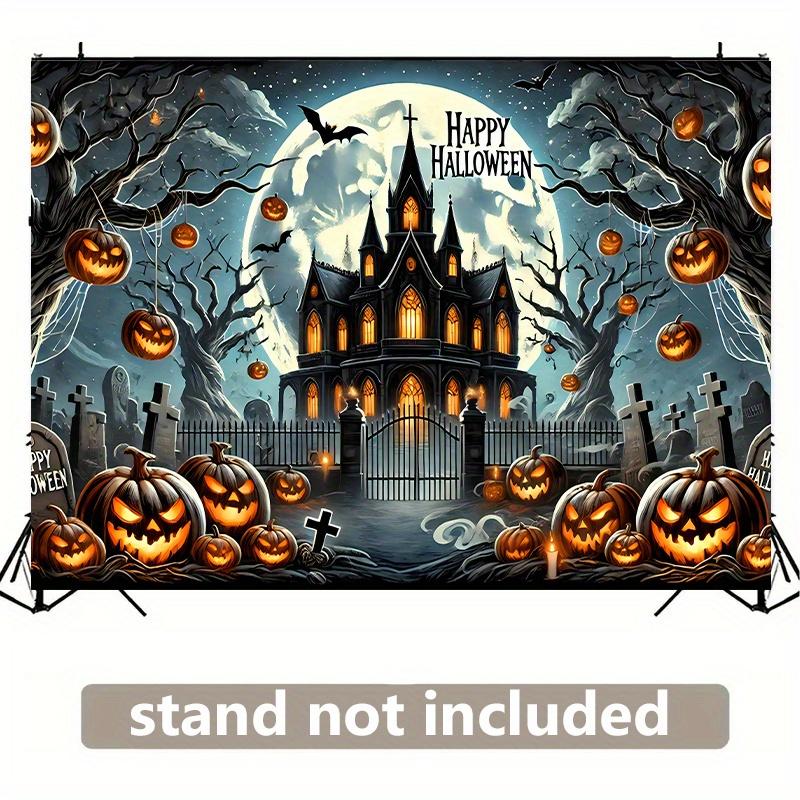 1. A terrifying Halloween-themed background banner - made of polyester fabric featuring a full moon and bats