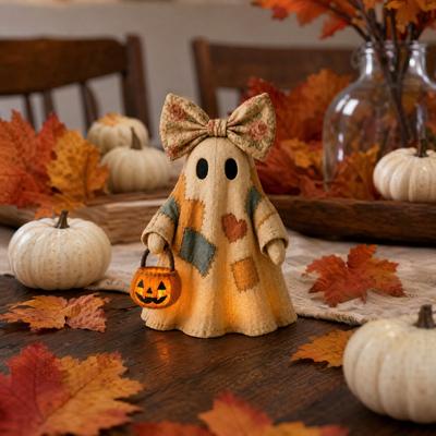 Lighted Vintage Patchwork Ghost, LED Light Ghost with Pumpkin Lantern Halloween Decor, Vintage Halloween Patchwork Ghosts Lamp, Rustic Fall Figurine