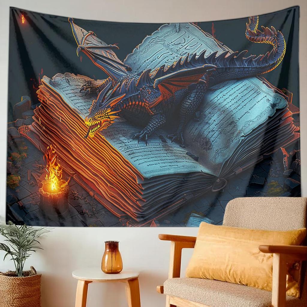 Vintage Whimsical Dark Fantasy Book Dragon Tapestry Gothic Backdrop Dragon Wall Art for Bedroom Office Living Room Apartment