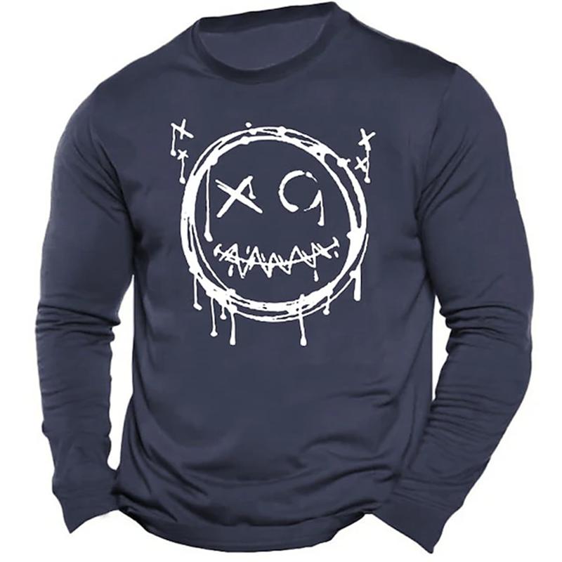 Men's Casual Autumn Breathable Long Sleeve Crewneck Printed Evil Smiley Face Pattern Clothing Y2K Top Men's Long Sleeve