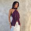 Women Purple Halter Mesh Ruffle Sleeveless Off‑Shoulder Sheer Sexy Slim Top Spring Summer Blouse