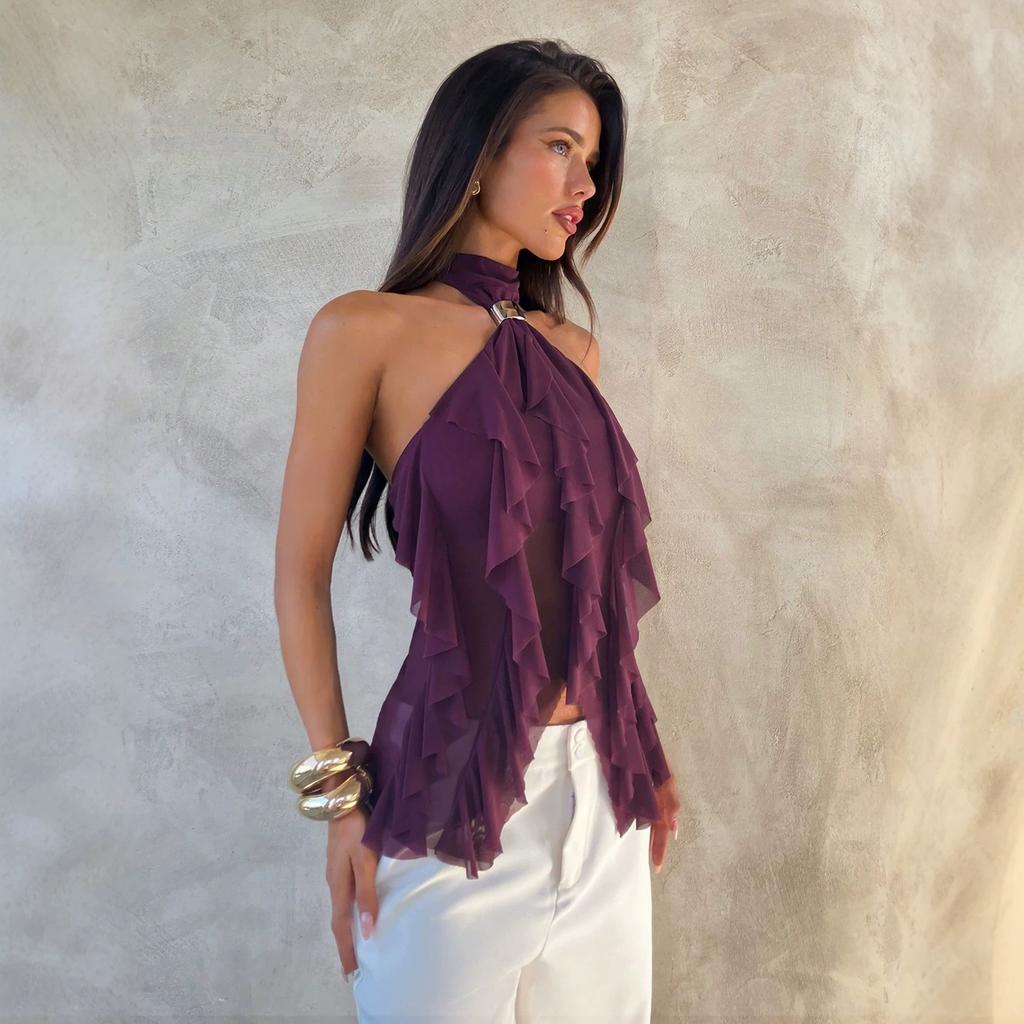 Women Purple Halter Mesh Ruffle Sleeveless Off‑Shoulder Sheer Sexy Slim Top Spring Summer Blouse