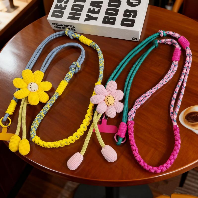 1Pcs Cute Flower Decor Adjustable Phone Lanyard Durable Braided Strap For Daily Outing Shopping Travel Anti Lost Accessory
