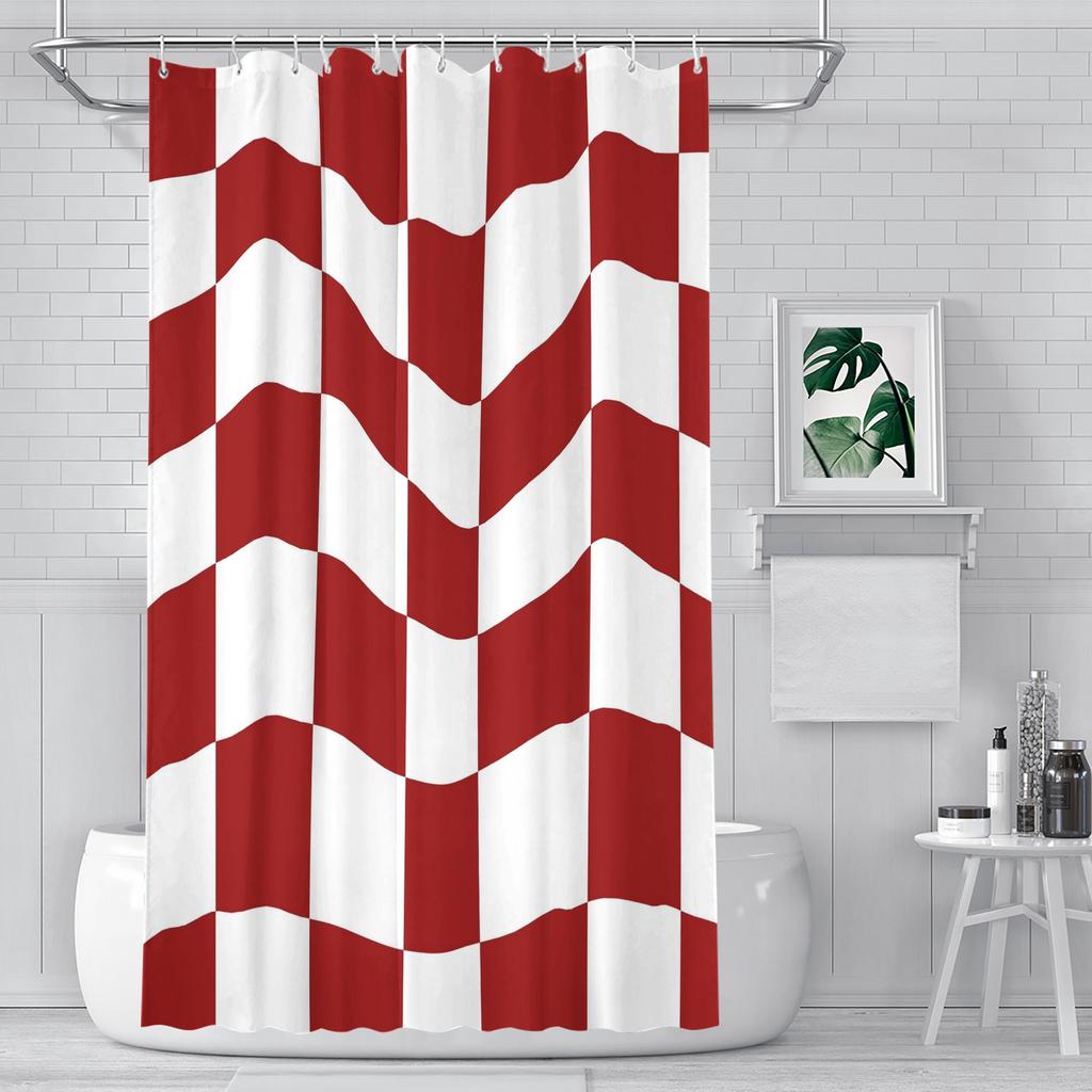 Wavy Red & White Checkerboard Shower Curtain – Optical Illusion Design 70.87X70.87 Inch Modern Guest Bath Decor