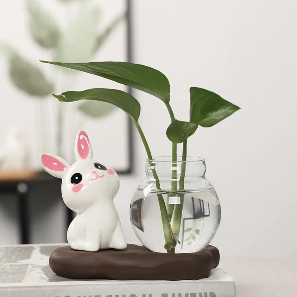 Cute Rabbit Hydroponic Plant Vases Transparent Glass Vase Tabletop Decoration Aquatic Flower Bottle with Wooden Base