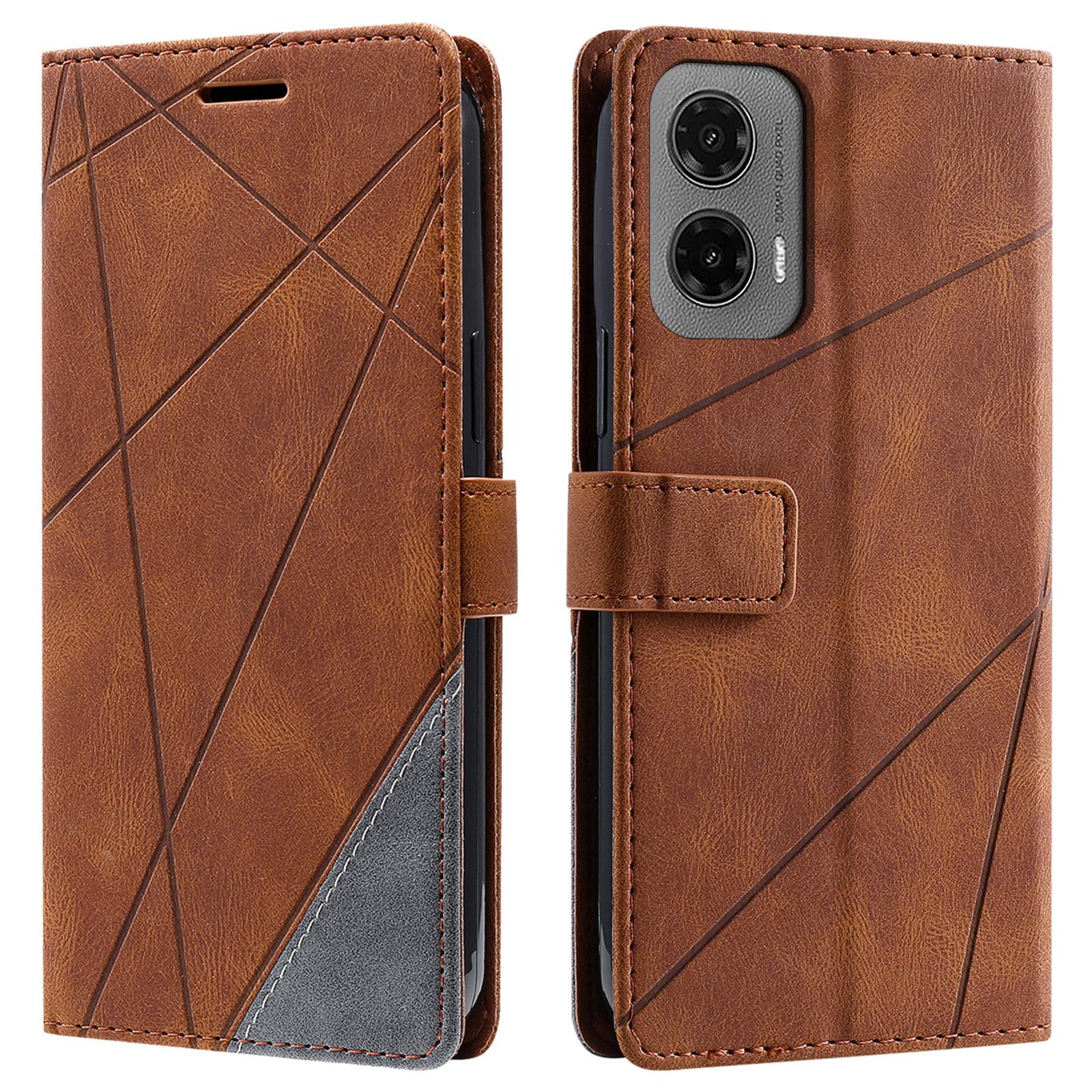 

For Motorola Moto G35 5G Case Imprinted Lines PU Leather Splicing Wallet Phone Cover Brown