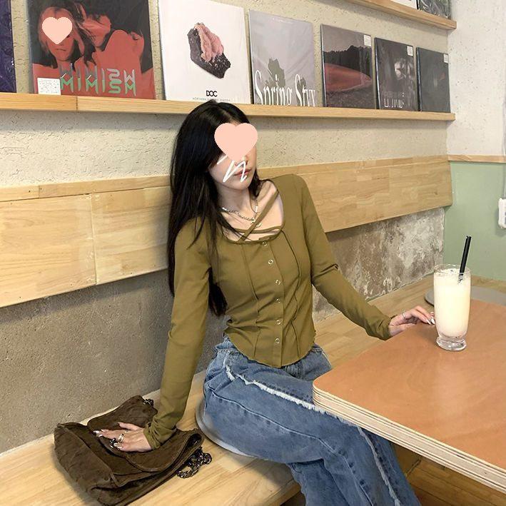 Sweet & Stylish Hot Girl V-Neck Long Sleeve Ribbed T-Shirt - Autumn Slim Fit Women's Top