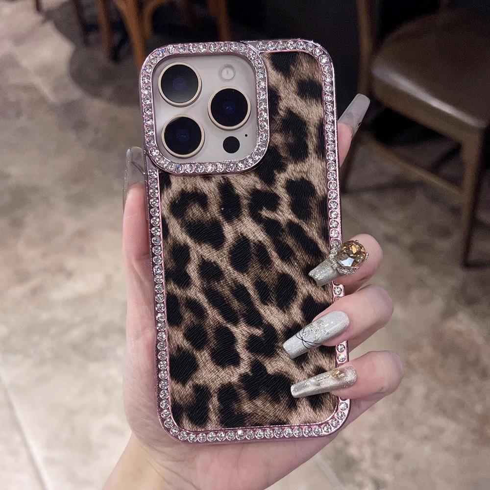 Luxury Leopard Print Fur Pattern Case For iPhone 17 16 15 14 13 12 11 Pro Max Glitter Diamond Shockproof Bumper Protection Cover