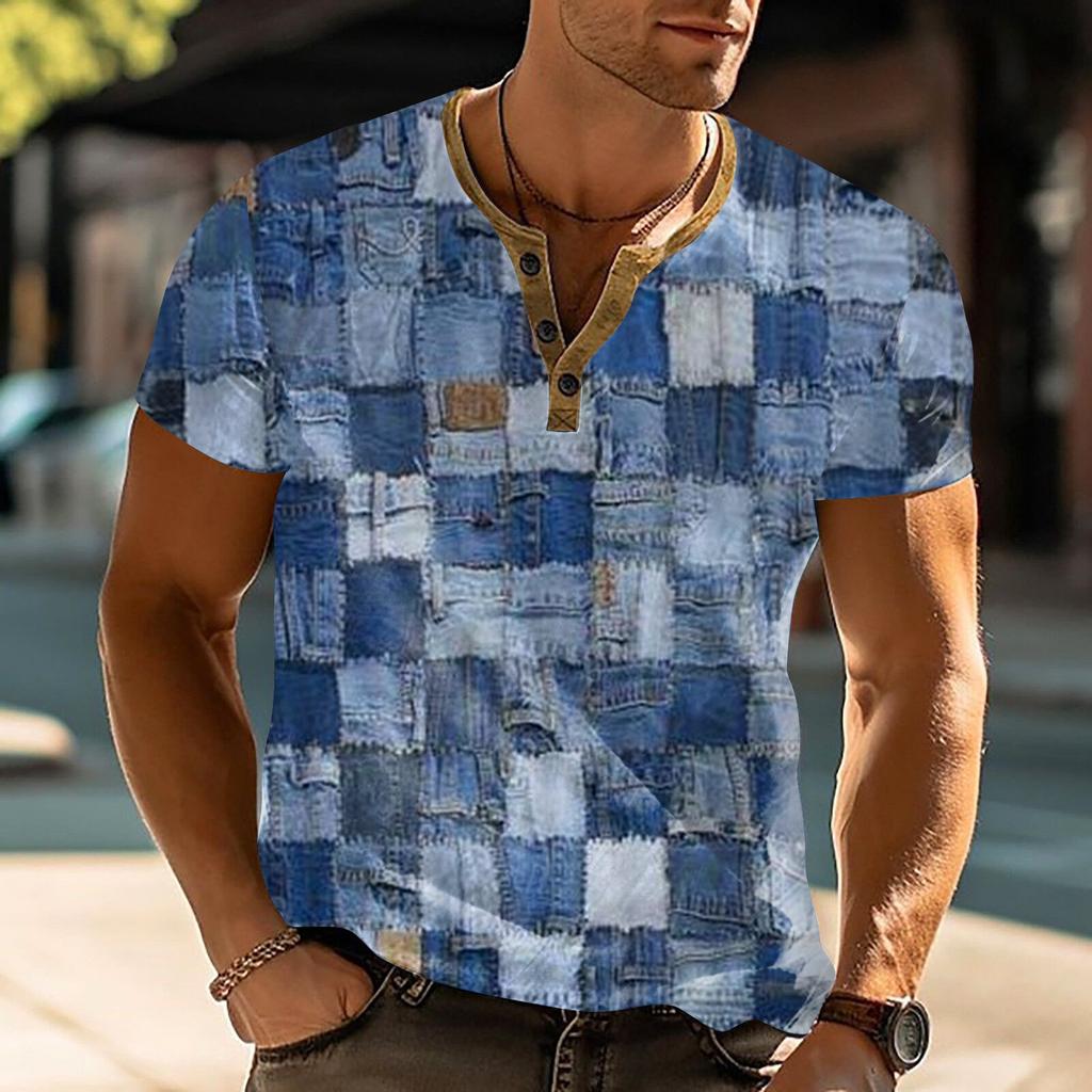 Men'S Printed T-Shirt Outdoor Retro Button Loose Short Sleeve Top