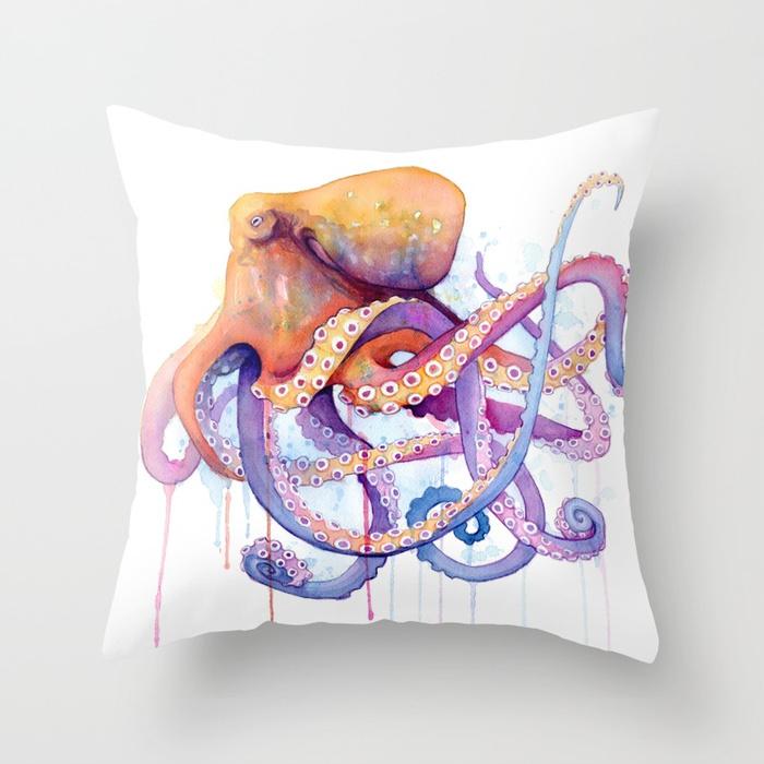 Watercolor Ocean Theme Pillowcase Starfish Octopus Mermaid Crab Cushion Cover Home Sofa Bedroom Decoration  Ornament